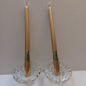 4/$30 Set of 2 Glass Candle Holders & 2 Gold Coloured Candles